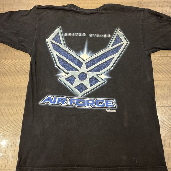 VINTAGE US Air Force Shirt Mens Medium Black Blue Winged Logo Bayside USAF USA - Picture 3 of 4